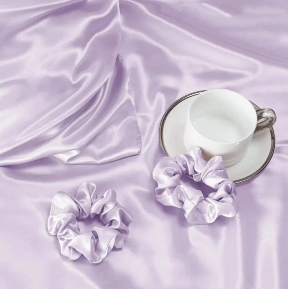 Lavender Satin Pillowcases, Set of 2 & 2 lavender satin hair scrunchies